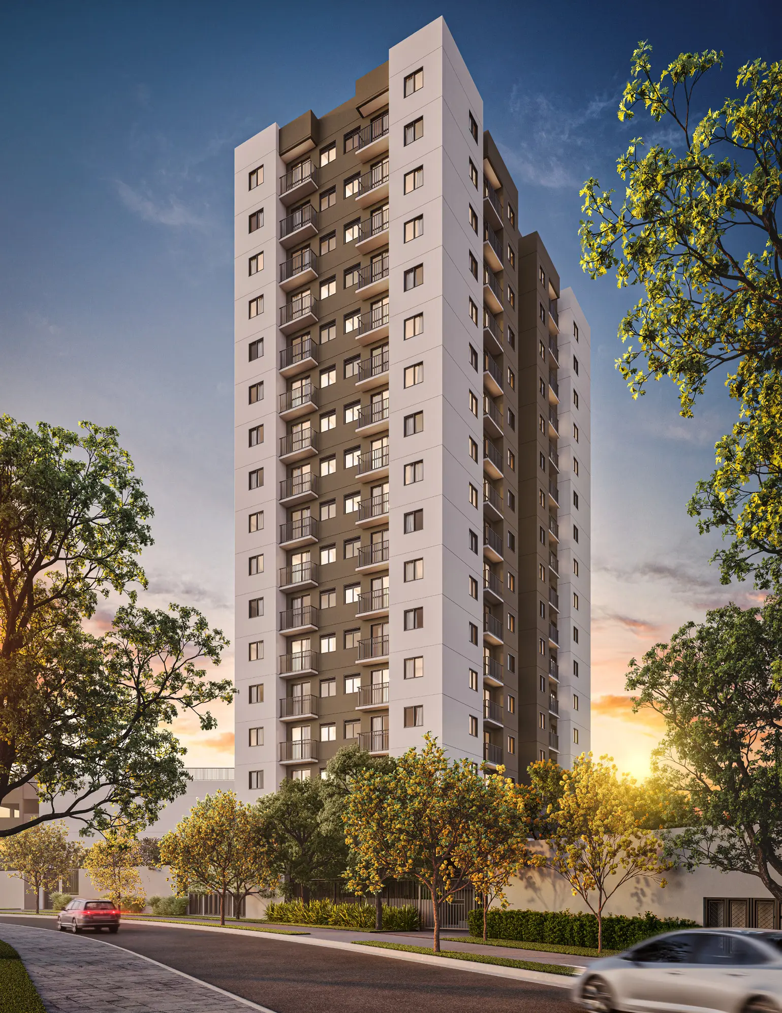 Perspectiva ilustrada da fachada do Verdí Tiquatira, torre residencial de 17 pavimentos entre árvores na Penha, São Paulo