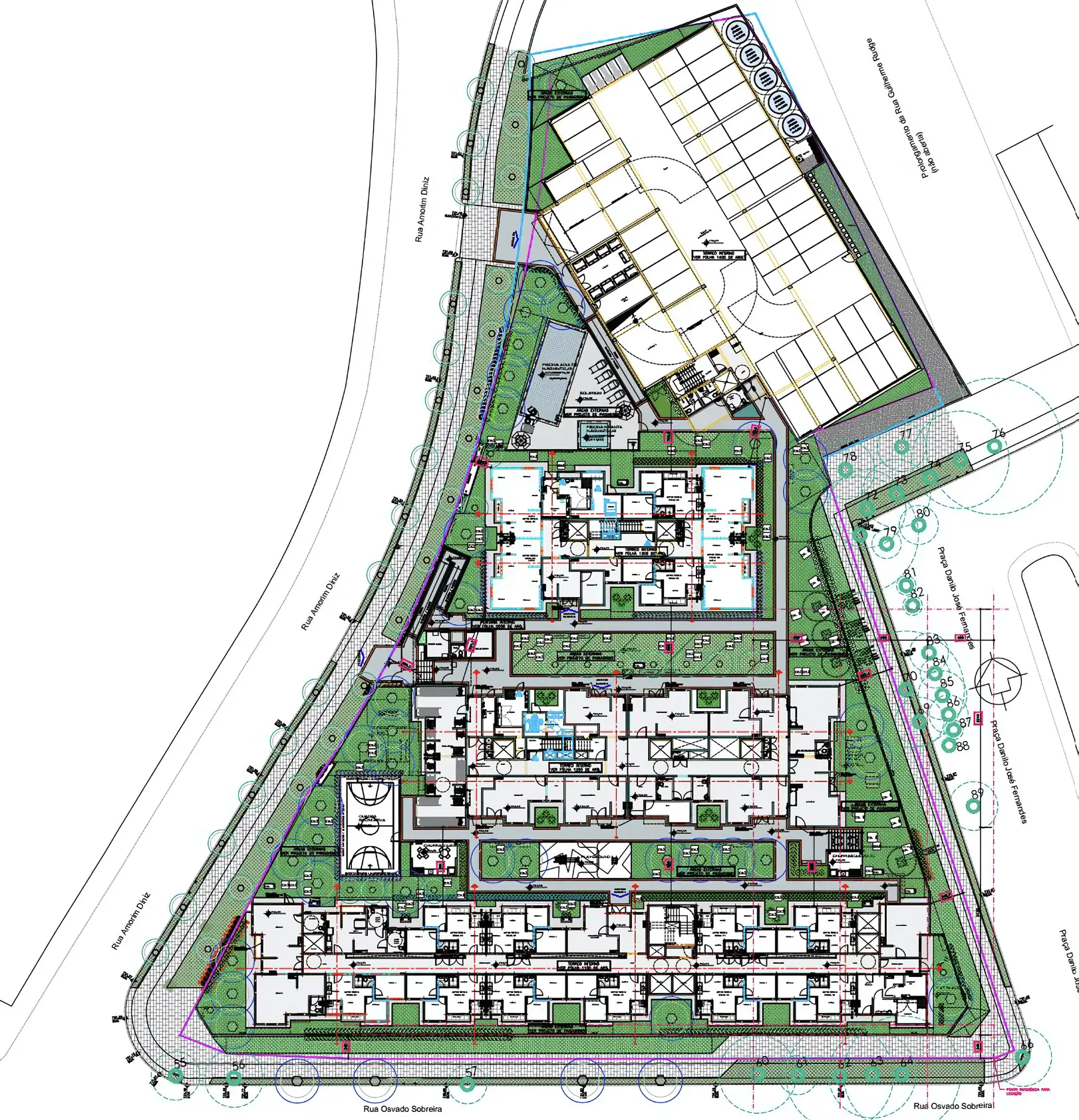 Implantação do Verdí Tiquatira: terreno de 5.271,84 m² com 3 torres, edifício garagem e os ambientes do pavimento térreo numerados
