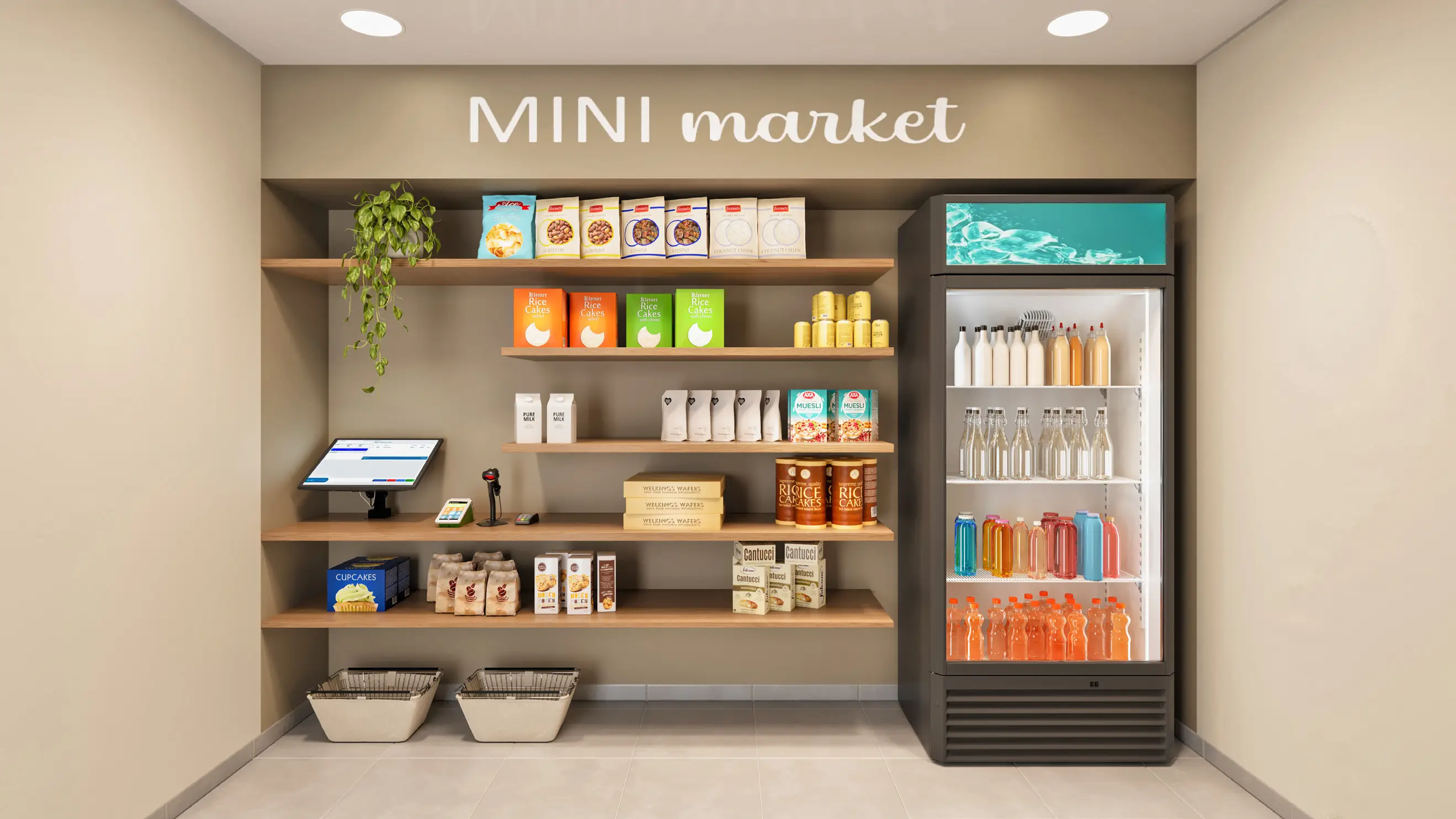 Perspectiva ilustrada do minimarket do Verdí Tiquatira com prateleiras e geladeira de bebidas