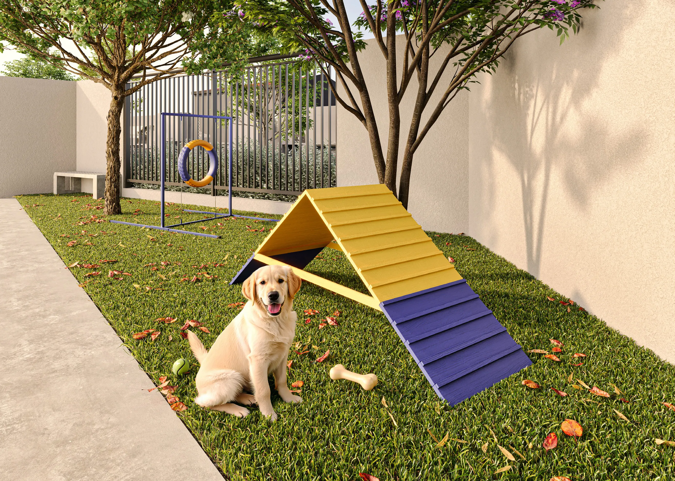 Perspectiva ilustrada do pet place com pet wash do Verdí Tiquatira, com gramado e brinquedos para cães