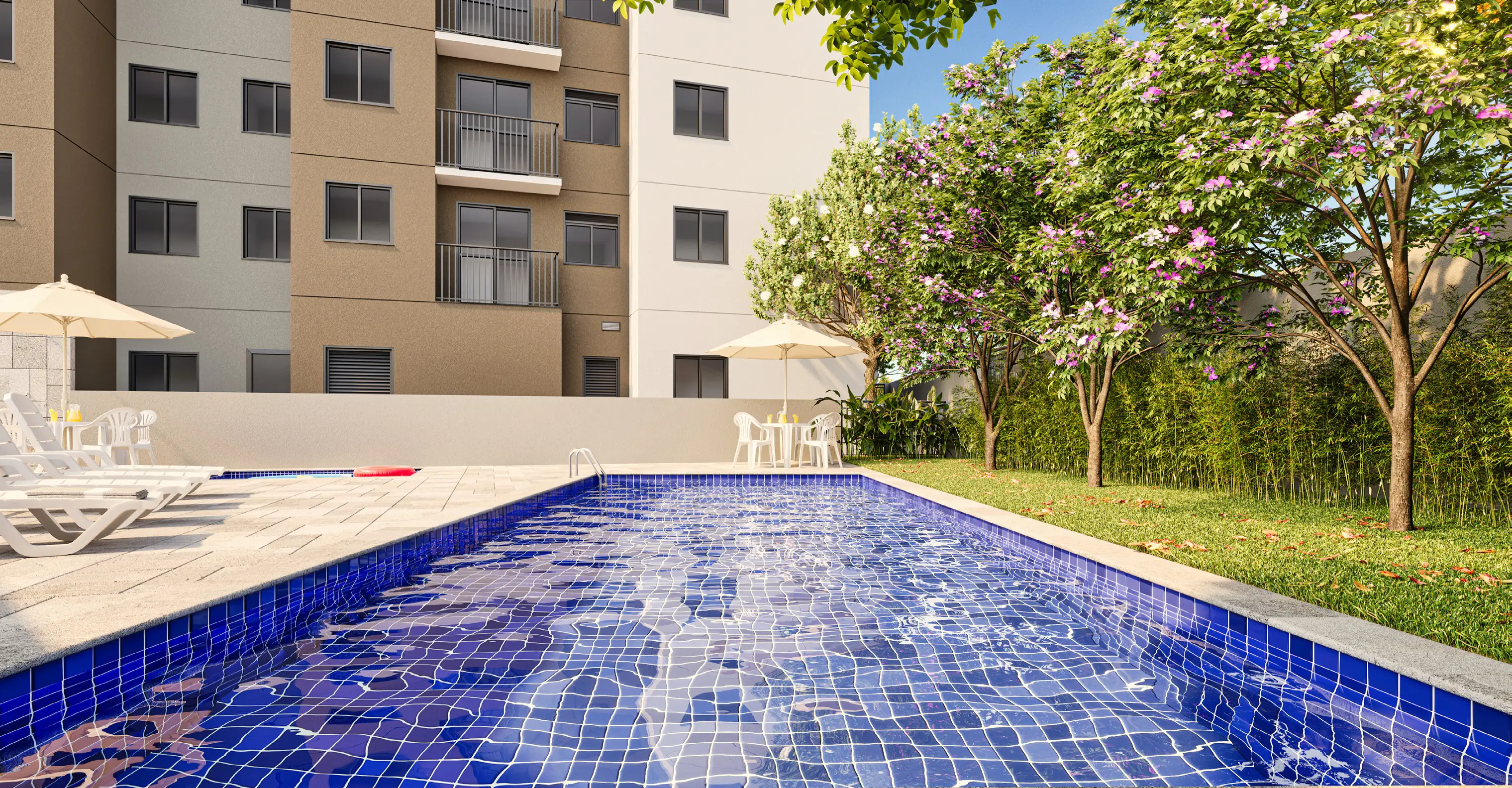 Perspectiva ilustrada da piscina adulto do Verdí Tiquatira, com solário, espreguiçadeiras e piscina infantil ao fundo