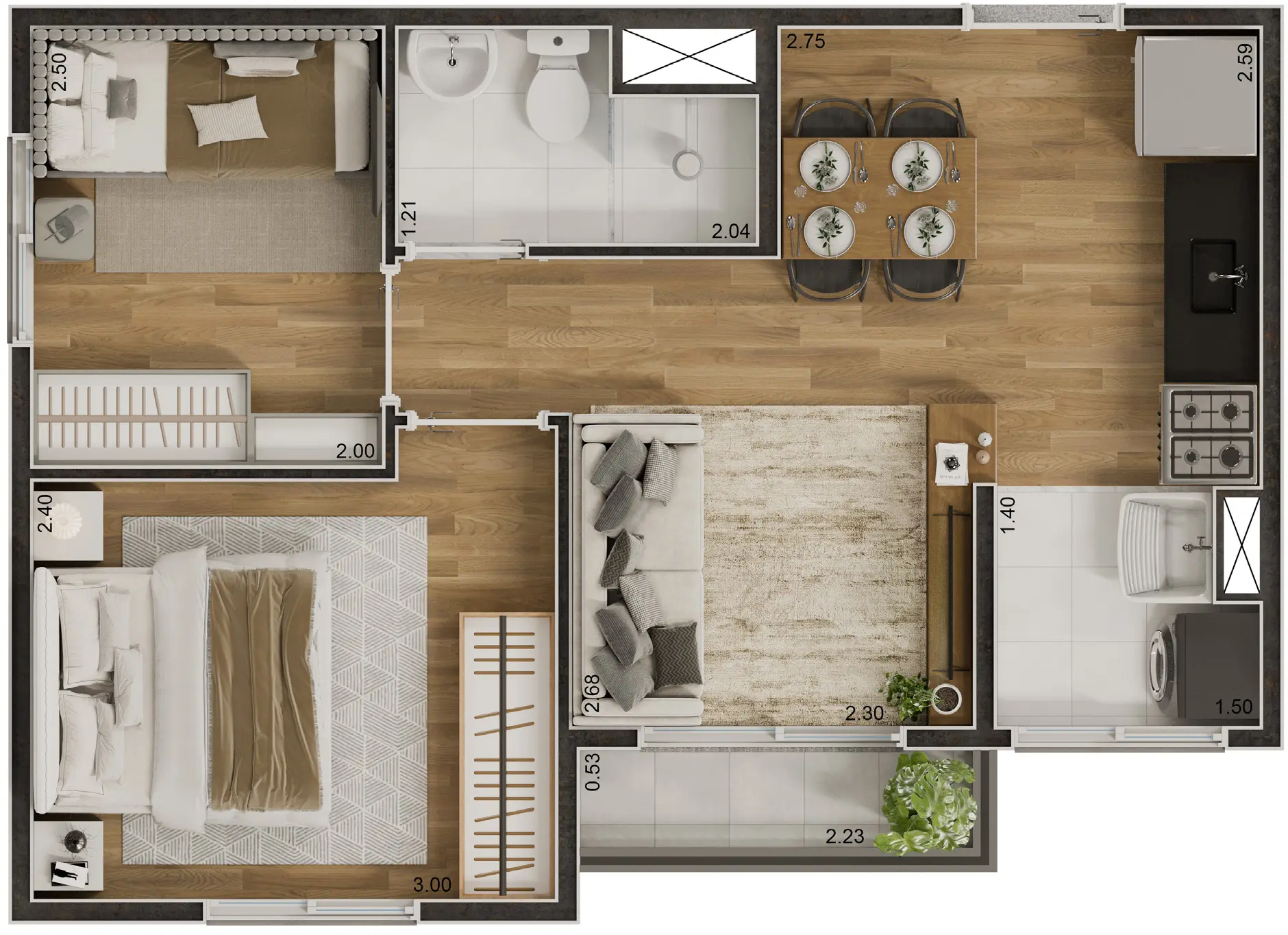 Planta ilustrativa do apartamento Tipo A de 35 m² do Verdí Tiquatira: 2 dormitórios, sala, cozinha americana, banheiro, área de serviço e terraço