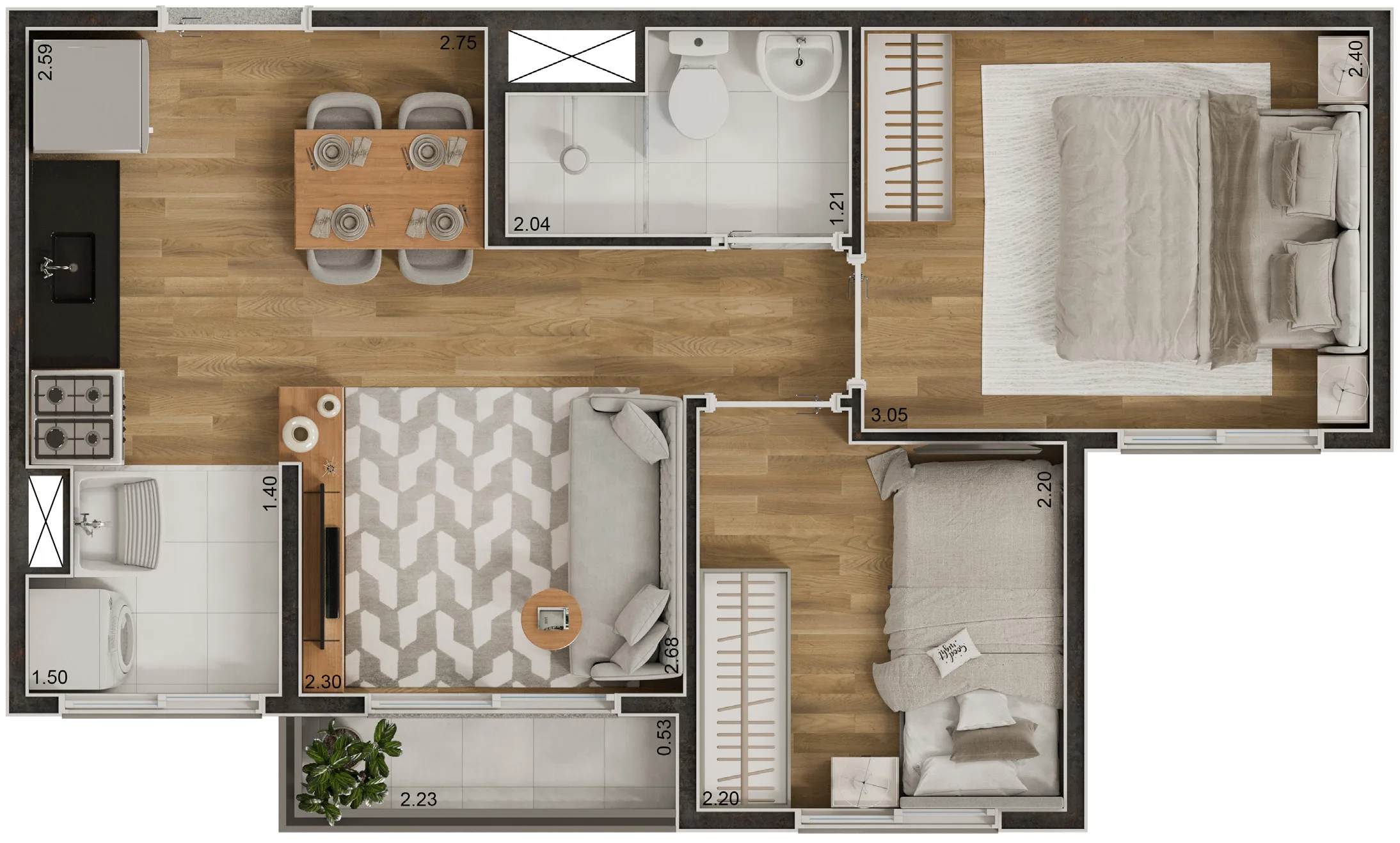 Planta ilustrativa do apartamento Tipo B de 35/36 m² do Verdí Tiquatira: 2 dormitórios, sala, cozinha americana, banheiro, área de serviço e terraço