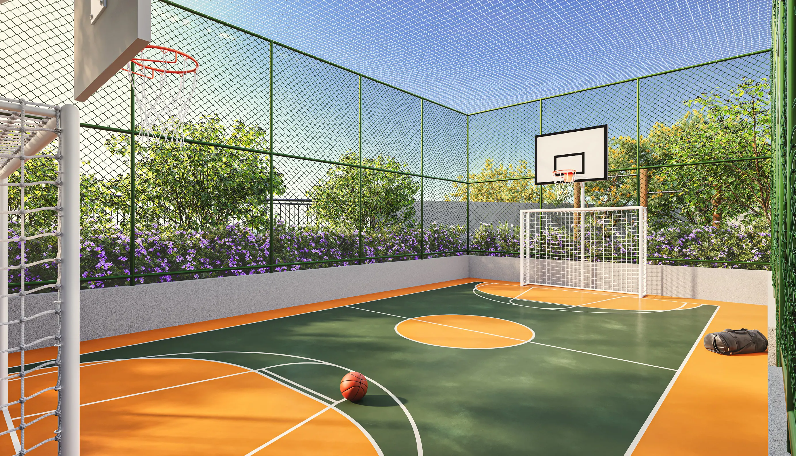 Perspectiva ilustrada da quadra recreativa do Verdí Tiquatira com tabela de basquete e gol de futebol
