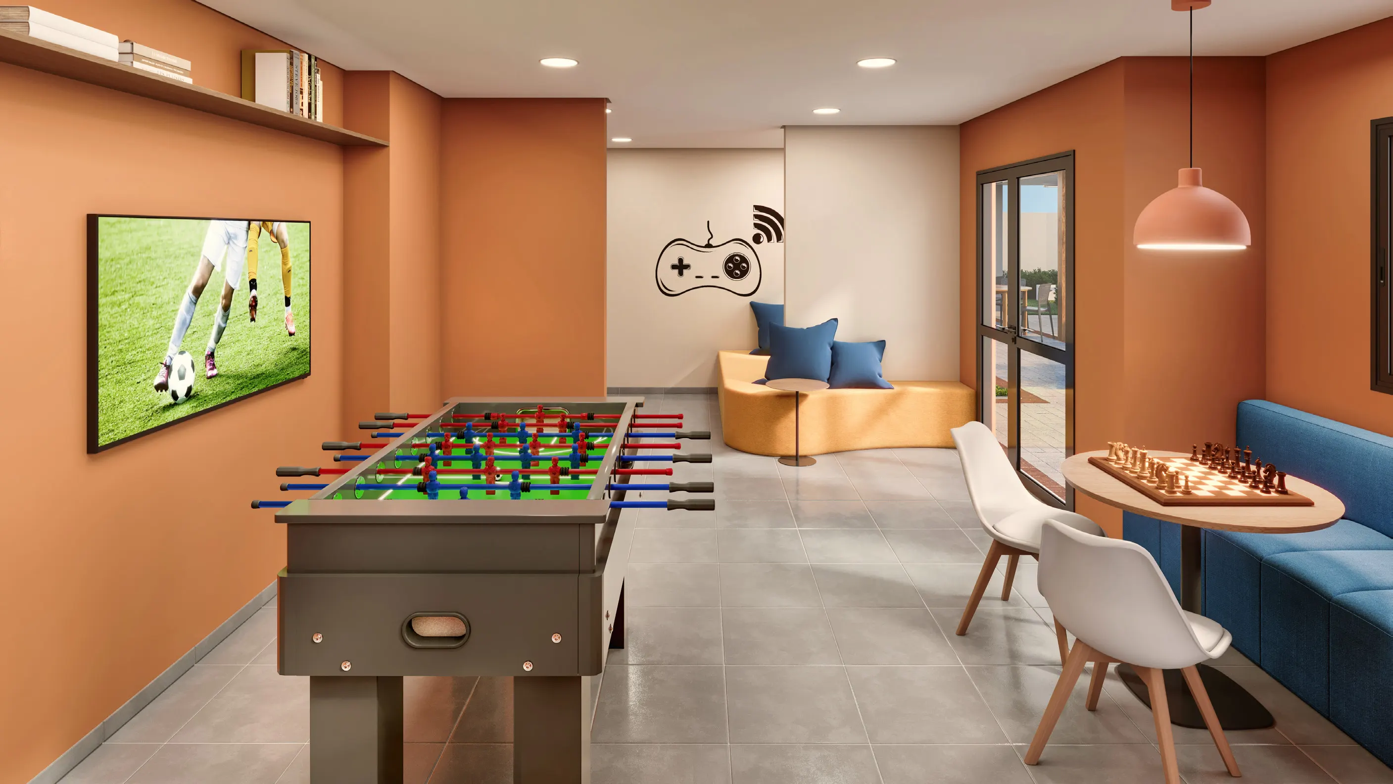 Perspectiva ilustrada do salão de jogos do Verdí Tiquatira com pebolim, TV e mesa de xadrez